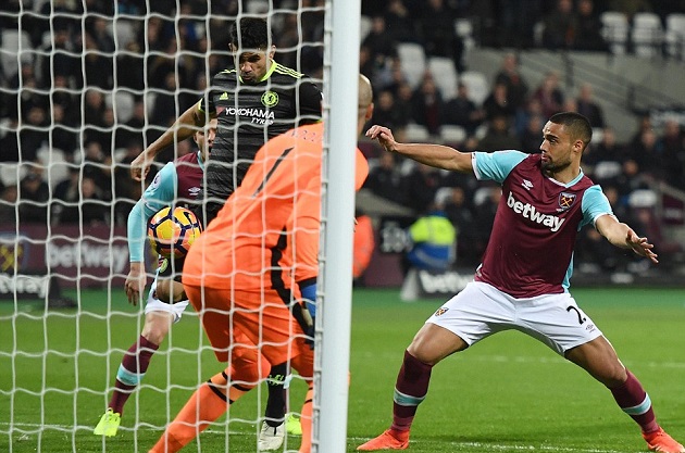 Phút 50, Costa nổ súng từ một tình huống lộn xộn trong vòng cấm của West Ham.