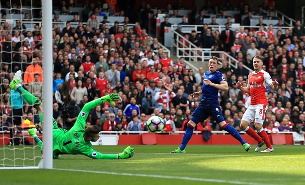 Rất may, họ đã kịp thời trở lại. Ramsey thử vận may với một cú sút sệt cực kì nguy hiểm.