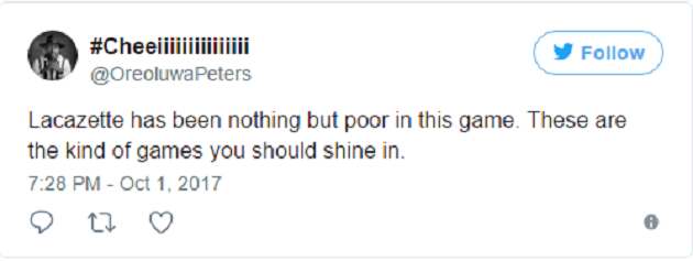 Lacazette không thể hiện được nhiều, trong khi có rất nhiều thời điểm anh cần phải tỏa sáng.