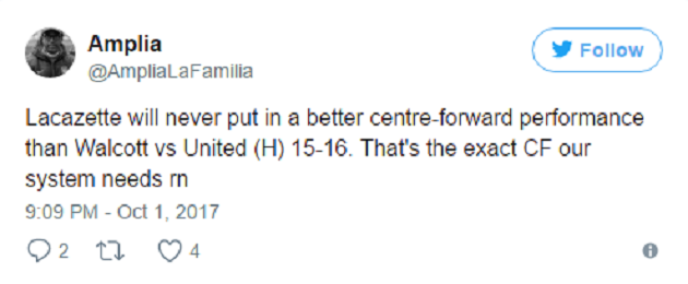 Một CĐV đánh giá Lacazette chỉ hiệu quả nếu chơi lùi sau một trung phong cắm.