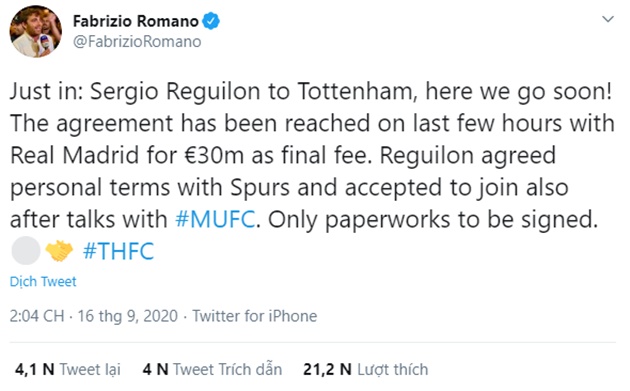 Romano: Sergio Reguilon to Tottenham, here we go soon - Bóng Đá