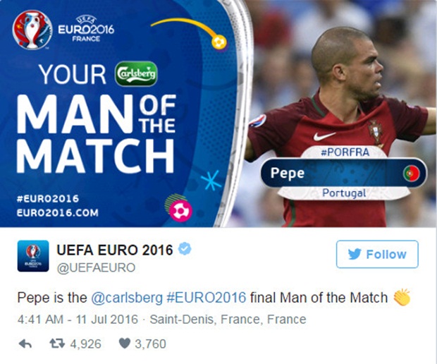 Trang chủ UEFA công bố danh tính cầu thủ xuất sắc nhất trận. Ảnh: Internet.