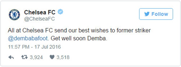 Thông điệp động viên Demba Ba của Chelsea. Ảnh: Internet.