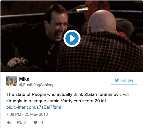 Phản ứng của Zlatan với thành tích ghi hơn 20 bàn của Vardy ở Premier League.