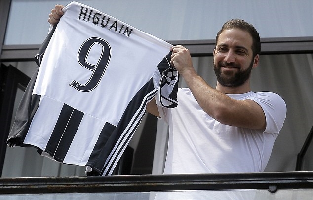 Gonzalo Higuain tỏ ra khá vui mừng khi khoe chiếc áo số 9 của mình ở Juventus. Ảnh: Internet.