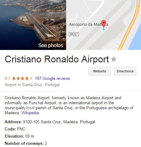 Thư viện Wikipedia cập nhật sân bay Quốc tế Madeira được đổi tên thành Cristiano Ronaldo.