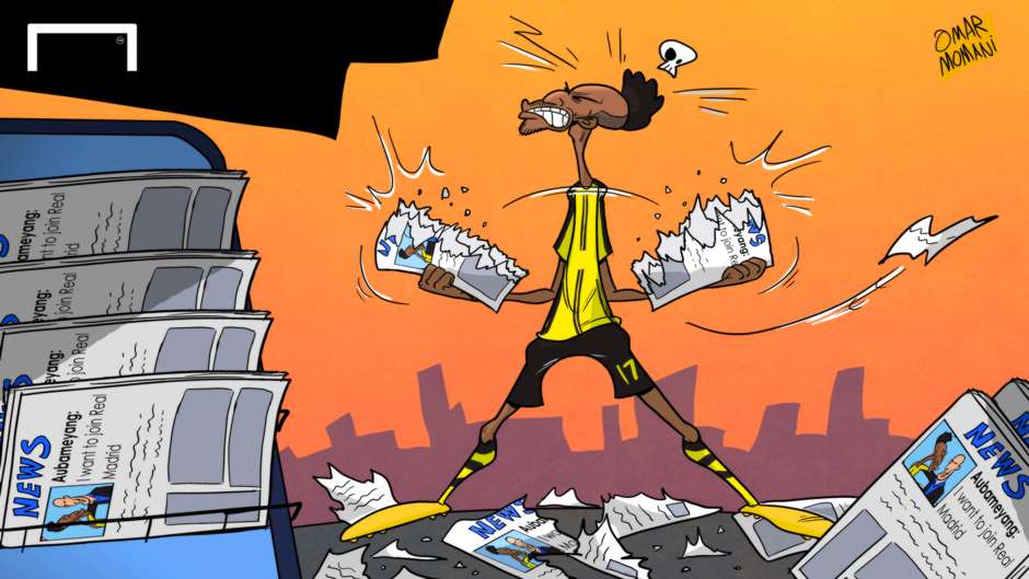 Pierre-Emerick Aubameyang (Dortmund) được đồn đoán chỉ muốn sang Real Madrid. Song, tiền đạo người Ghana đã nổi cơn lôi đình, và cho rằng các nhà báo đã thổi phồng và biến đổi những câu chữ trong phát biểu của anh theo nghĩa khác. Ảnh: Goal.