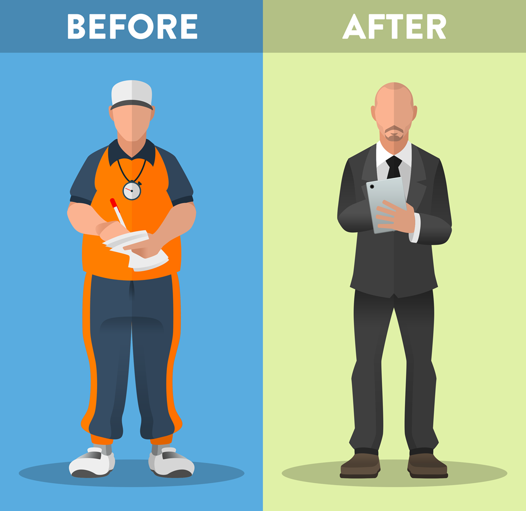 Trang phục HLV: Các chiến lược gia thời xưa ưa chuộng mặc bộ quần áo thể dục và đeo một chiếc đồng hồ bấm giờ trên cổ. Vật bất ly thân của họ là chiếc sổ tay dùng để ghi chép mọi thứ. Suốt thời gian dài, ấn tượng về nghề HLV bóng đá không khác những ông thầy dạy thể dục trong trường trung học. Ngày ấy, HLV còn là các nhà chuyên môn thuần túy. Chiến lược gia ngày nay ngoài công tác huấn luyện còn sắm vai gương mặt thời trang nổi tiếng, luôn ăn mặc lịch lãm và sang trọng trong các trận đấu chính thức, như Mourinho, Pep Guardiola. Sổ tay làm bằng giấy nay được thay thế bằng máy tính bảng, giúp HLV điều khiển mọi thứ, từ sắp lịch tập luyện đến theo dõi chỉ số cá nhân cầu thủ.