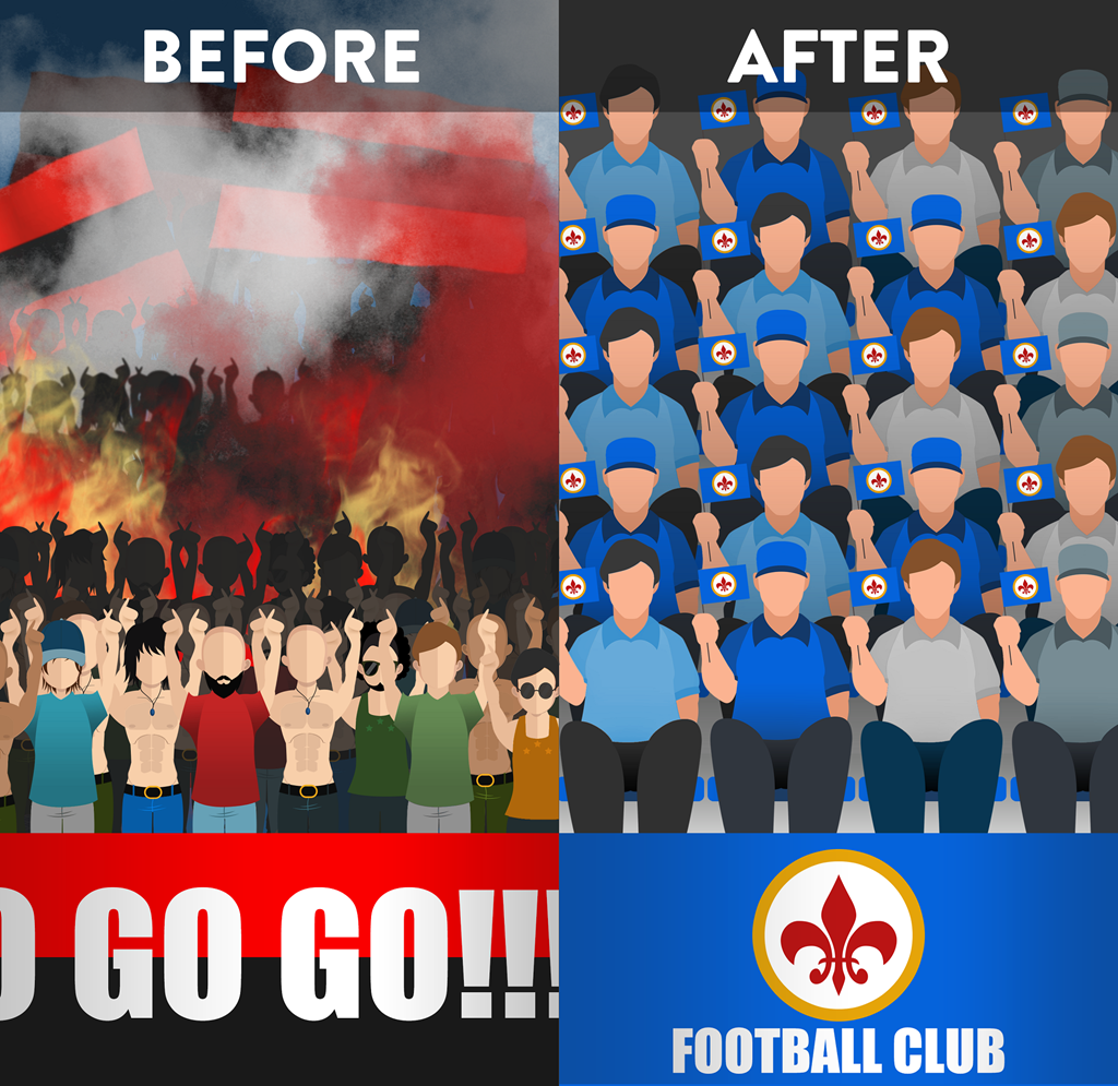 Cổ động viên ngày xưa được làm mọi thứ trên khán đài. Họ tha hồ giăng biểu ngữ bày tỏ quan điểm chính trị và trình diễn các bức họa ấn tượng. Bom khói và pháo sáng trở thành đặc sản. CĐV bóng đá bây giờ bị “nhàm chán hóa”. Cá biệt có những nơi như sân Bernabeu, khán giả thấy tình huống hay ho thì vỗ tay, còn không thì ngồi im như đi xem kịch.