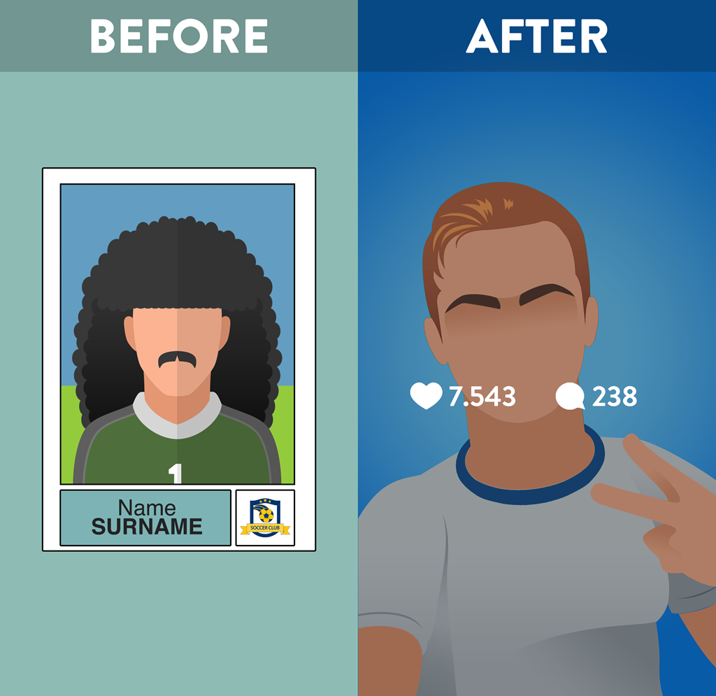 Ảnh cầu thủ: Ngày xưa, ảnh chụp chân dung chỉ được dùng để làm poster hoặc các miếng dán. Bây giờ, khán giả có thể nhìn mặt cầu thủ bất cứ lúc nào muốn bằng cách truy cập vào tài khoản mạng xã hội của họ. Ở đó có đủ loại hình ảnh, từ ảnh một mình hay ảnh chụp với bạn bè, ảnh thức dậy hoặc ảnh đi ngủ. Thời đại này là thời của selfie.