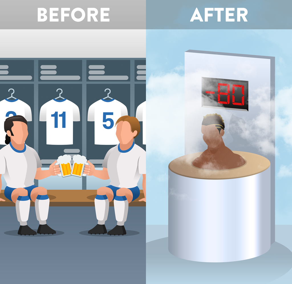 Sau trận đấu: Cầu thủ hiện đại bị cấm tuyệt đối uống bia trong phòng thay đồ như các bậc tiền bối. Họ lập tức phải ngâm mình trong nước đá hoặc buồng lạnh cao áp để hồi phục nhanh nhất có thể.