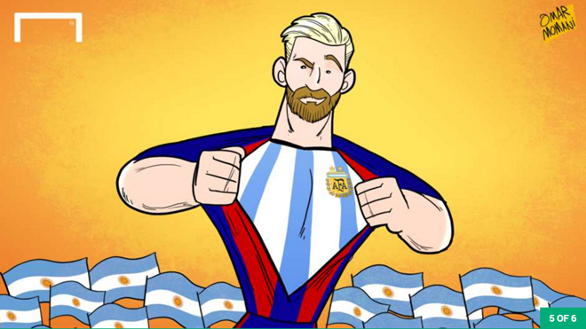 Ngay trong trận đầu tiên trở lại Argentina, Messi ghi bàn duy nhất giúp đội nhà thắng trận và chiếm luôn vị trí đầu bảng của Uruguay tại vòng loại World Cup. Họa sĩ Omar Momani so sánh Messi với siêu nhân. Ảnh: Goal.