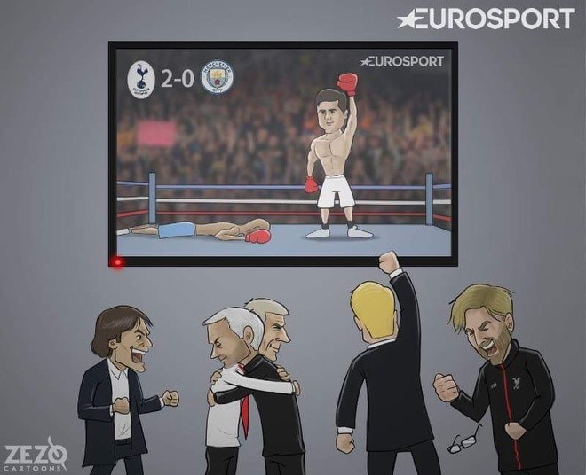 Các chiến lược gia Ngoại hạng Anh mừng rỡ khi Pochettino đấm gục Pep Guardiola. Họa sĩ của Zezo Cartoons còn vẽ Mourinho và Wenger ôm thắm thiết. Họ vốn coi nhau như kẻ thù.