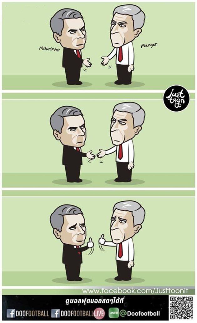 Một giả thuyết khác: Vờ đưa tay ra bắt, Mou và Wenger giơ ngón giữa với nhau.