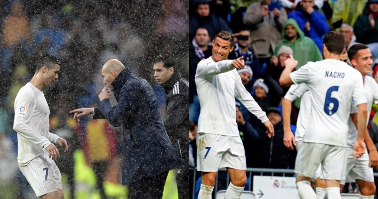 Dưới cơn mưa trên sân Bernabeu, Zidane giúp Real vượt khó trước Sporting Gijon. Ảnh: Mirror.
