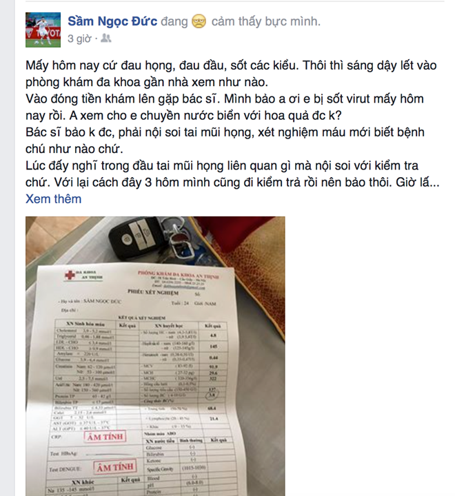 Hậu vệ Sầm Ngọc Đức không được may mắn khi bị sốt vi-rut và phải vào viện khám bệnh trong những ngày nghỉ hậu AFF Cup 2016.
