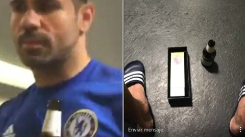 Diego Costa quay video có sự hiện diện của chai bia và giải thưởng cầu thủ hay nhất trận.