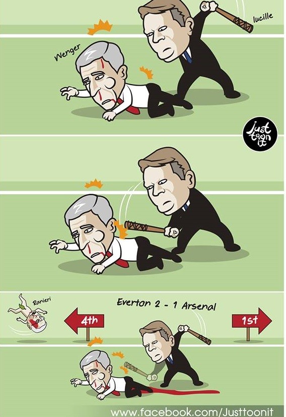 Arsene Wenger bị Ronald Koeman cầm gậy bóng chày quấn dây thép (Lucile) đánh bầm dập. Các fan của series phim truyền hình ăn khách The Walking Dead rất hiểu bức ảnh này.