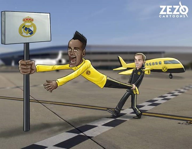Aubameyang bao lần công khai bày tỏ tình cảm với Real Madrid. Trong bức biếm họa, ngôi sao người Gabon khóc lóc đòi ra đi và HLV Tuchel gồng hết sức giữ chân anh.