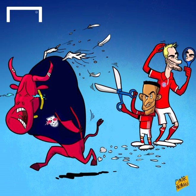 Lí do "bò tót Leipzig" không còn "bay" được nữa là vì bị các cầu thủ Bayern cắt mất đôi cánh.