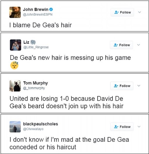 Nhiều người dùng Twitter cho rằng chính vì mái tóc thời thượng của De Gea đã khiến MU nhận bàn thua trước Everton.