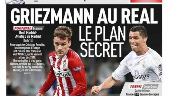 Trang bìa báo L'Equipe gây sốc khi đưa tin tiền đạo Antoine Griezmann đang nằm trong tầm ngắm Real Madrid.