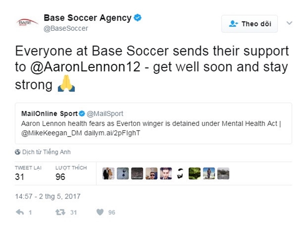 Base Soccer Agency, công ty của người đại diện Aaron Lennon chia sẻ trên Twitter: “Chúng tôi sẽ luôn ủng hộ anh @Aaron Lennon12, hãy mạnh mẽ và sớm bình phục.”