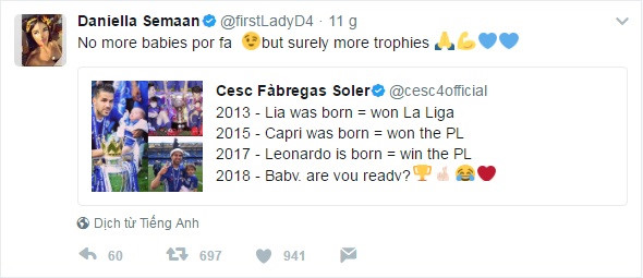 Ngay lập tức, cô vợ hơn Fabregas một giáp có câu trả lời trên Twitter chính thức: “Không sinh thêm con nữa đâu. Nhưng chắc chắn anh sẽ có thêm nhiều cúp”.
