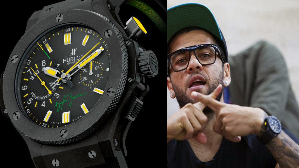 Hậu vệ phải trứ danh của CLB Juventus - Dani Alves cũng không kém cạnh các đồng nghiệp khi sở hữu phiên bản giới hạn 500 chiếc - Hublot Big Bang Senna Foudroyante với bộ vỏ từ thép không gỉ phủ PVD đen và các chi tiết lấy cảm hứng từ quốc kỳ của Brazil. Phiên bản đặc biệt này được trang bị tính năng Split Second Chronograph siêu phức tạp, giá 30.000 USD (khoảng 700 triệu đồng).