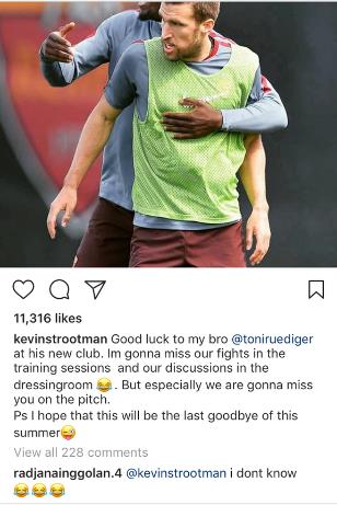 Kevin Strootman chia sẻ trên Instagram sau khi Rudiger gia nhập Chelsea.