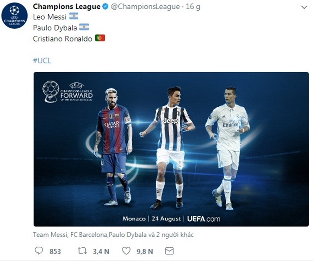 Vào ngày hôm qua, UEFA đã công bố danh sách rút gọn gồm 12 cái tên cho giải thưởng Cầu thủ hay nhất Champions League 2016/2017. Danh sách này được chia ra 4 vị trí gồm thủ môn, hậu vệ, tiền vệ và tiền đạo. Mỗi vị trí sẽ chọn ra 3 cầu thủ và giải thưởng được trao cho người xuất sắc nhất.