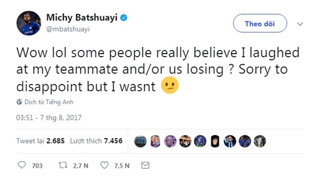 Ngay lập tức, tiền đạo 23 tuổi đã có những lời thanh minh trên Twitter cá nhân. Batshuayi cho rằng thật khó hiểu khi có những người nghĩ anh lại cười nhạo đồng đội mình khi thất bại, đồng thời khẳng định không hề có chuyện như vậy.
