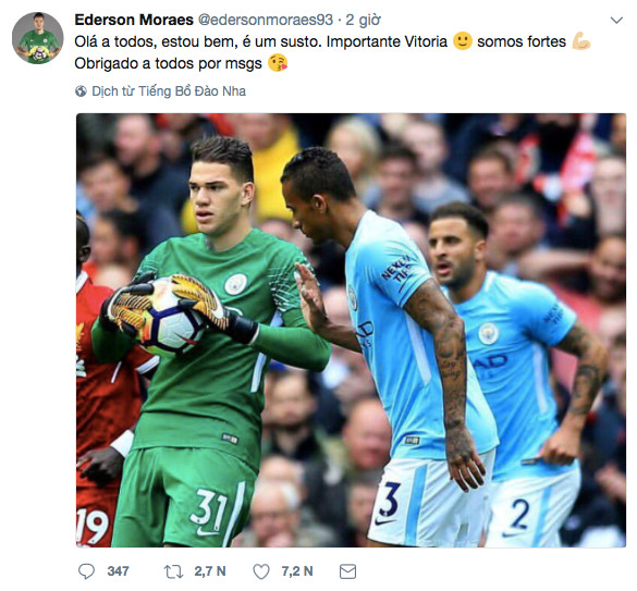 Ederson cảm ơn người hâm mộ.