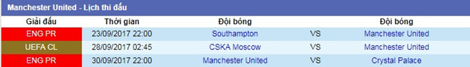 Lịch thi đấu của MU trong giai đoạn cuối tháng 9/2017.