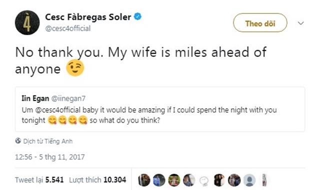 Đáp lại lời đề nghị "hấp dẫn" từ fan nữ, số 4 của Chelsea chỉ khéo từ chối: "Cảm ơn em, nhưng chẳng ai sánh được với vợ anh cả".