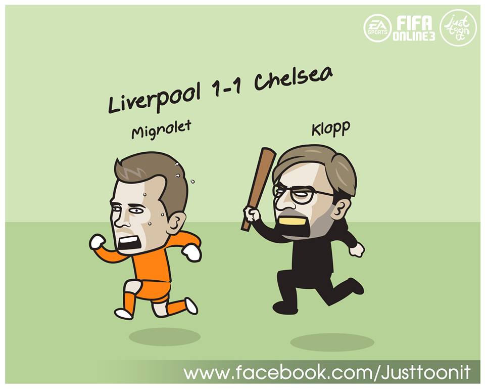 Sau trận hòa 1-1 trước Chelsea, HLV Liverpool Juergen Klopp nổi điên với cậu học trò Simon Mignolet. Ảnh: Just toon it.
