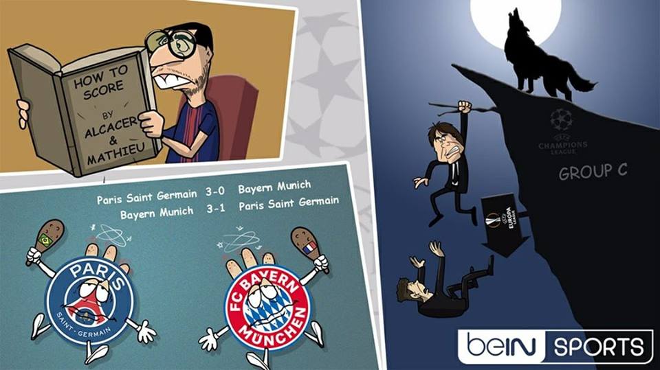 Giữa tuần qua đã diễn ra các trận đấu thuộc lượt cuối vòng bảng UEFA Champions League. Chelsea thoát hiểm ngoạn mục sau trận hòa Atletico Madrid, đồng nghĩa đẩy đối thủ này xuống chơi Europa League. Trong khi dù giành chiến thắng 3-1 trước PSG, nhưng Bayern Munich vẫn phải chấp nhận vị trí thứ hai bảng B. Luis Suarez vẫn tịt ngòi dù Barcelona thắng dễ. Ảnh: Bein Sports.