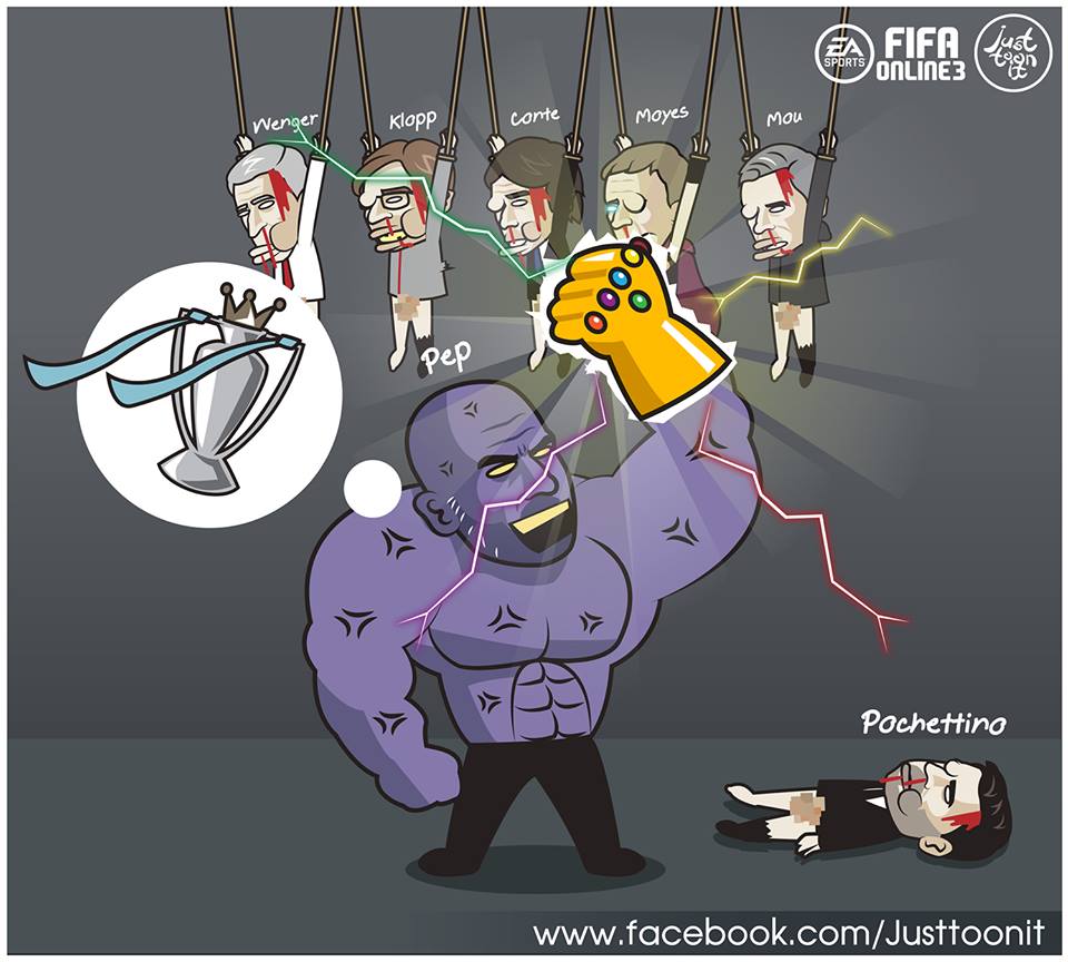 Nhưng hy vọng nhiều thì thất vọng càng lớn, Thanos 'Pep Guardiola' đã sưu tập đủ bộ ngọc và chẳng còn đối thủ trong cuộc đua danh hiệu Ngoại hạng Anh mùa này. Ảnh: Just toon it.