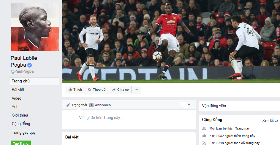 Trang Facebook của Pogba đạt gần 7 triệu lượt theo dõi.