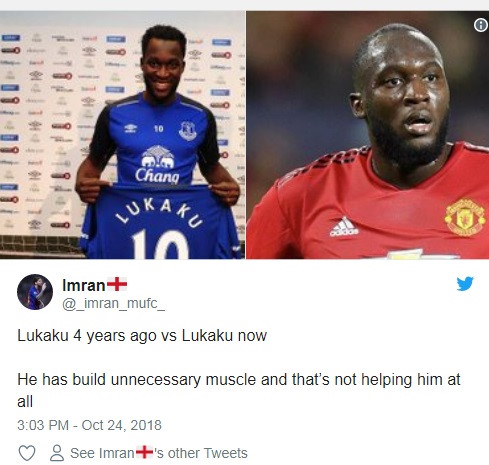 "Lukaku 4 năm trước và Lukaku hiện tại. Anh ta tăng cường quá nhiều cơ bắp. Điều này không giúp ích gì cho một cầu thủ ở vị trí tiền đạo," CĐV Imran nhận xét.