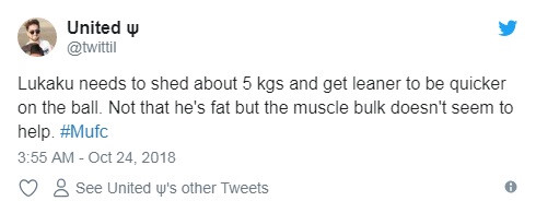 Đồng quan điểm, nickname United cho biết: "Lukaku cần giảm ít nhất 5 kg và học cách xử lý bóng nhanh hơn. Không phải anh ấy béo mà đống cơ bắp hiện tại chẳng giúp ích gì cho việc chơi bóng."