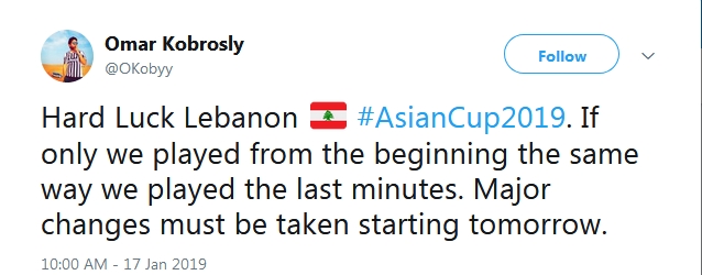 Một bài đăng thể hiện sự tiếc nuối khi Lebanon đã không thể bắt đầu Asian Cup như những phút cuối trận gặp Triều Tiên.