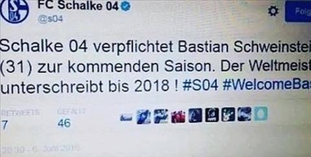 Đoạn Tweet chính thức về việc Schalke 04 có được sự phục vụ của Bastian Schweinsteiger. Ảnh: Internet.