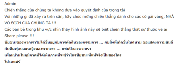 Trang Thaiwinds cho rằng ĐT nữ Thái Lan thắng mà không nhờ vào quyết định của trọng tài. Ảnh: Chụp màn hình.