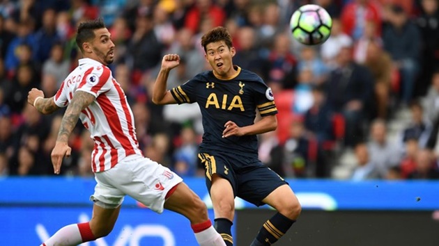 9. Stoke City 0-4 Tottenham Spurs (Vòng 4): Dáng đứng hài hước của Son Heung Min khi ghi bàn cho Spurs. Ảnh: Internet.