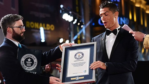 Cristiano Ronaldo (Bóng đá): Từng nhận nhiều giấy chứng nhận kỷ lục về thành tích ghi bàn trong năm 2015 nhưng sang năm nay, kỷ lục Guinness của CR7 lại không liên quan đến chuyên môn. Anh được vinh danh là ngôi sao thể thao có lượng người theo dõi nhiều nhất trên mạng xã hội Twitter (47.375.817 người). Ảnh: Internet.