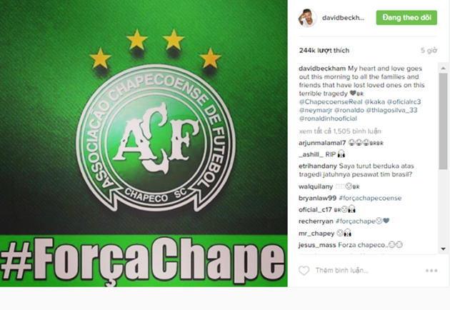 David Beckham viết: "Tình yêu và trái tim của tôi đồng hành với những gia đình đã mất đi người thân yêu của họ".