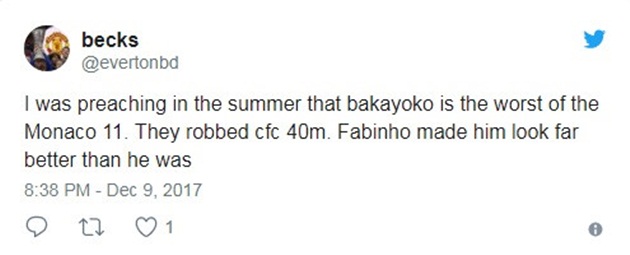 "Tôi đã rao giảng suốt mùa hè rằng Bakayoko là cầu thủ tệ nhất trong đội hình 11 người của Monaco năm trước. Họ đã ăn cướp 40 triệu bảng của Chelsea. Fabinho giúp Bakayoko được tâng bốc vượt quá khả năng".