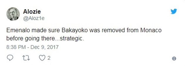Tài khoản @Aloz1e nêu ra thuyết âm mưu: "Emenalo đảm bảo Bakayoko bị đào thải khỏi Monaco rồi mới đến làm sếp ở đó".