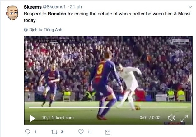 "Tôn trọng Ronaldo vì hôm nay anh ấy đã tự tay chấm dứt tranh cãi xem ai giỏi hơn giữa anh ấy và Messi".